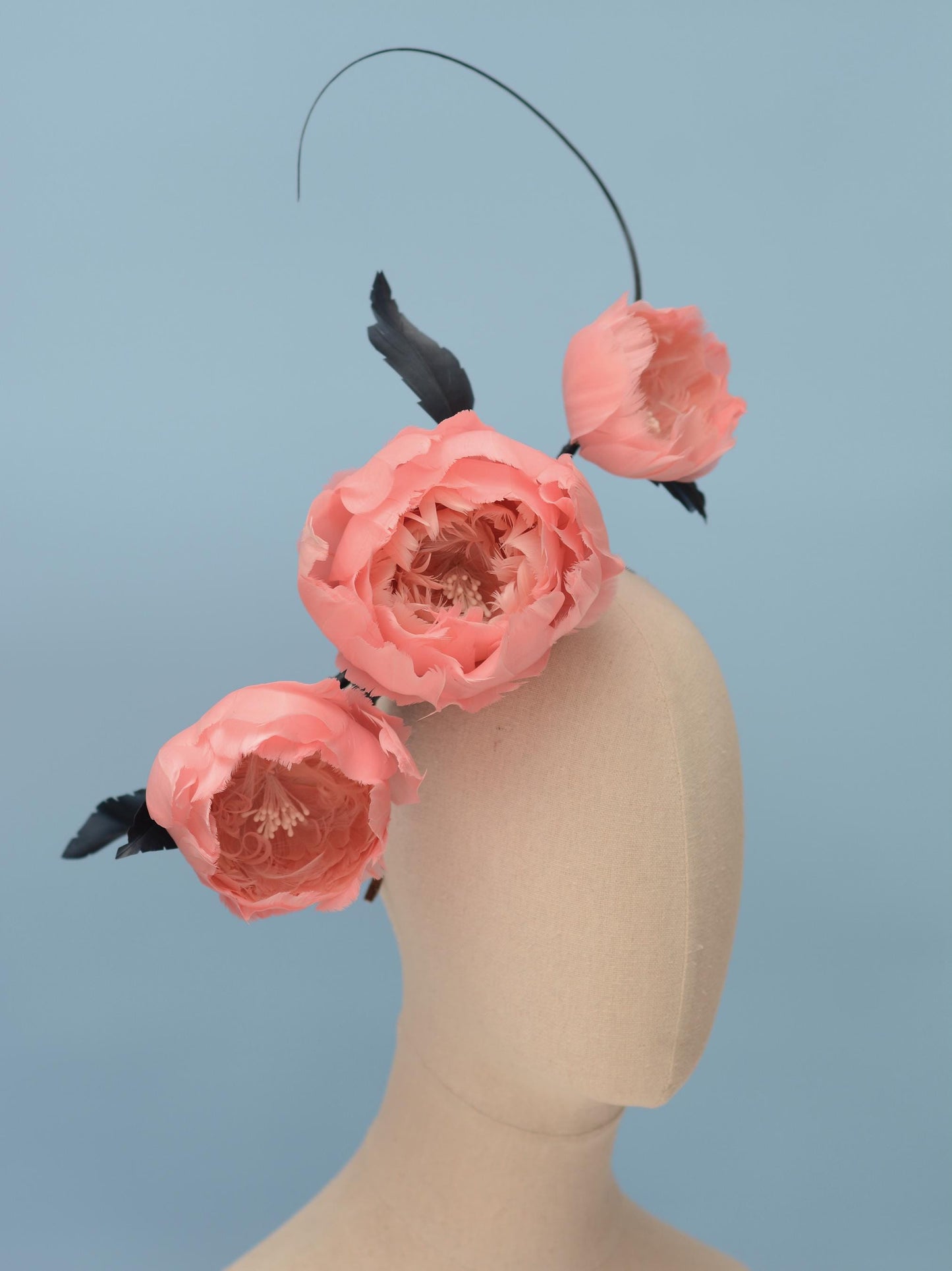 Soft Pink Peonies and Navy Blue Feather Flower Headpiece