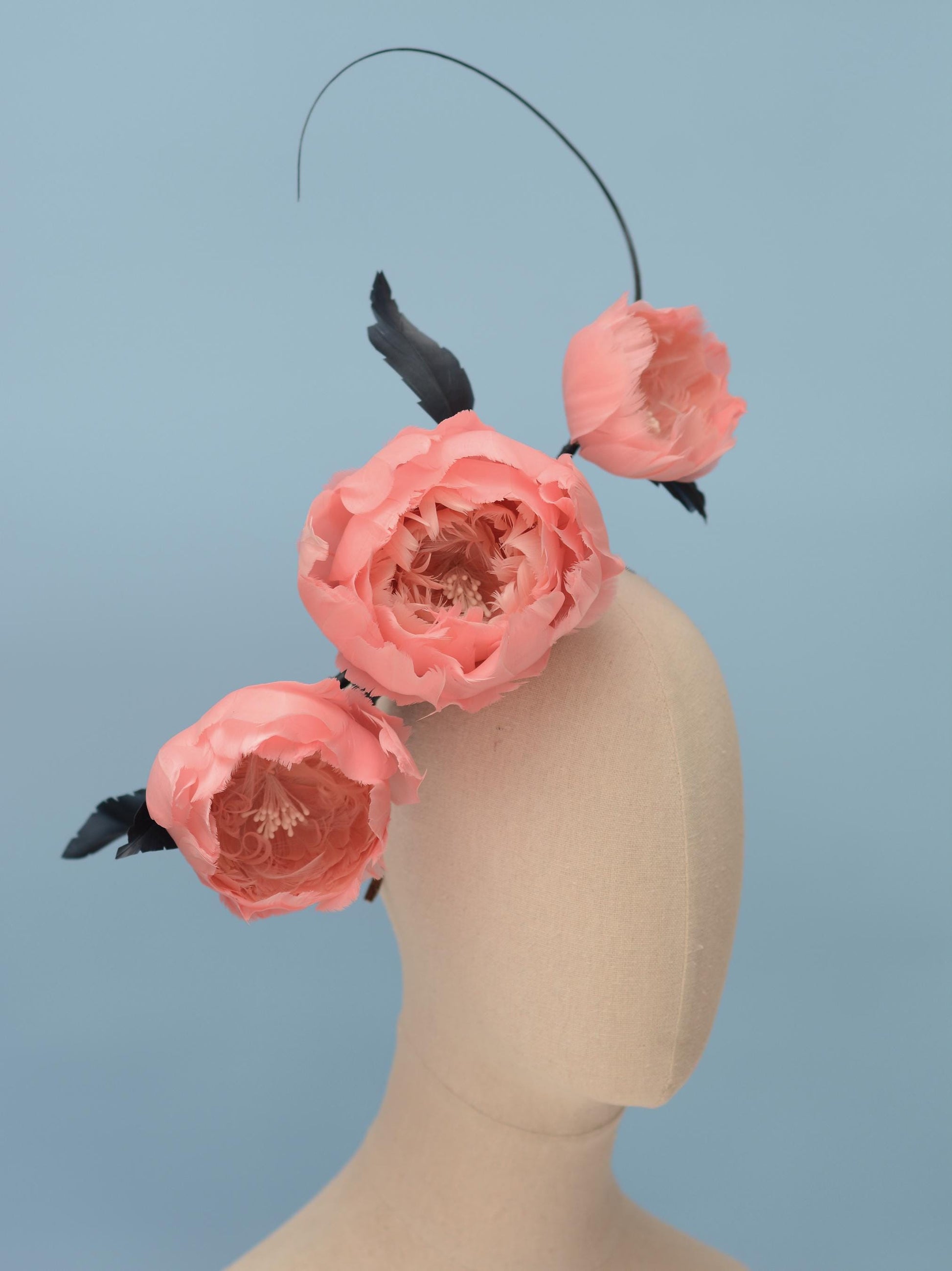 Soft Pink Peonies and Navy Blue Feather Flower Headpiece