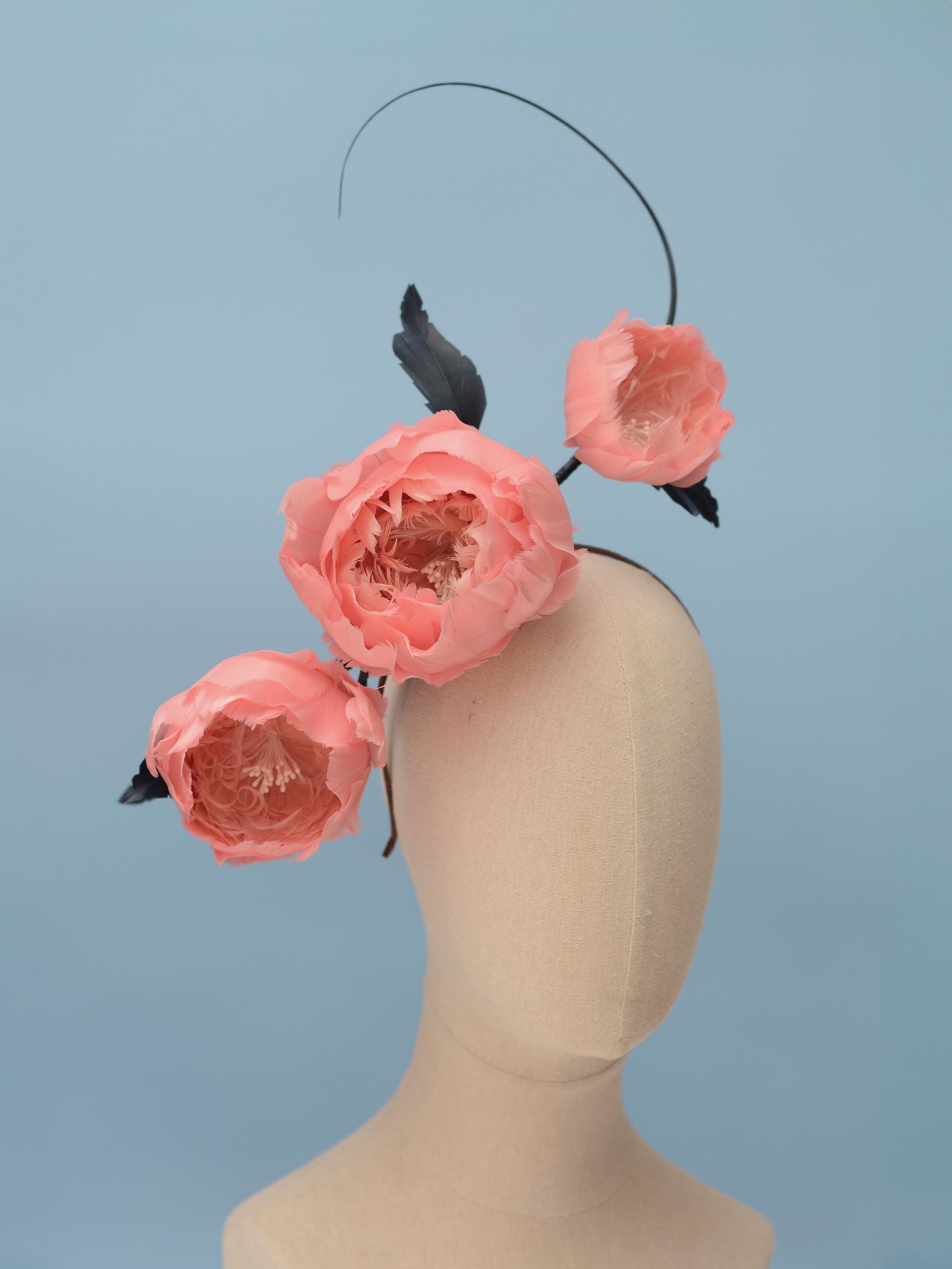 Soft Pink Peonies and Navy Blue Feather Flower Headpiece