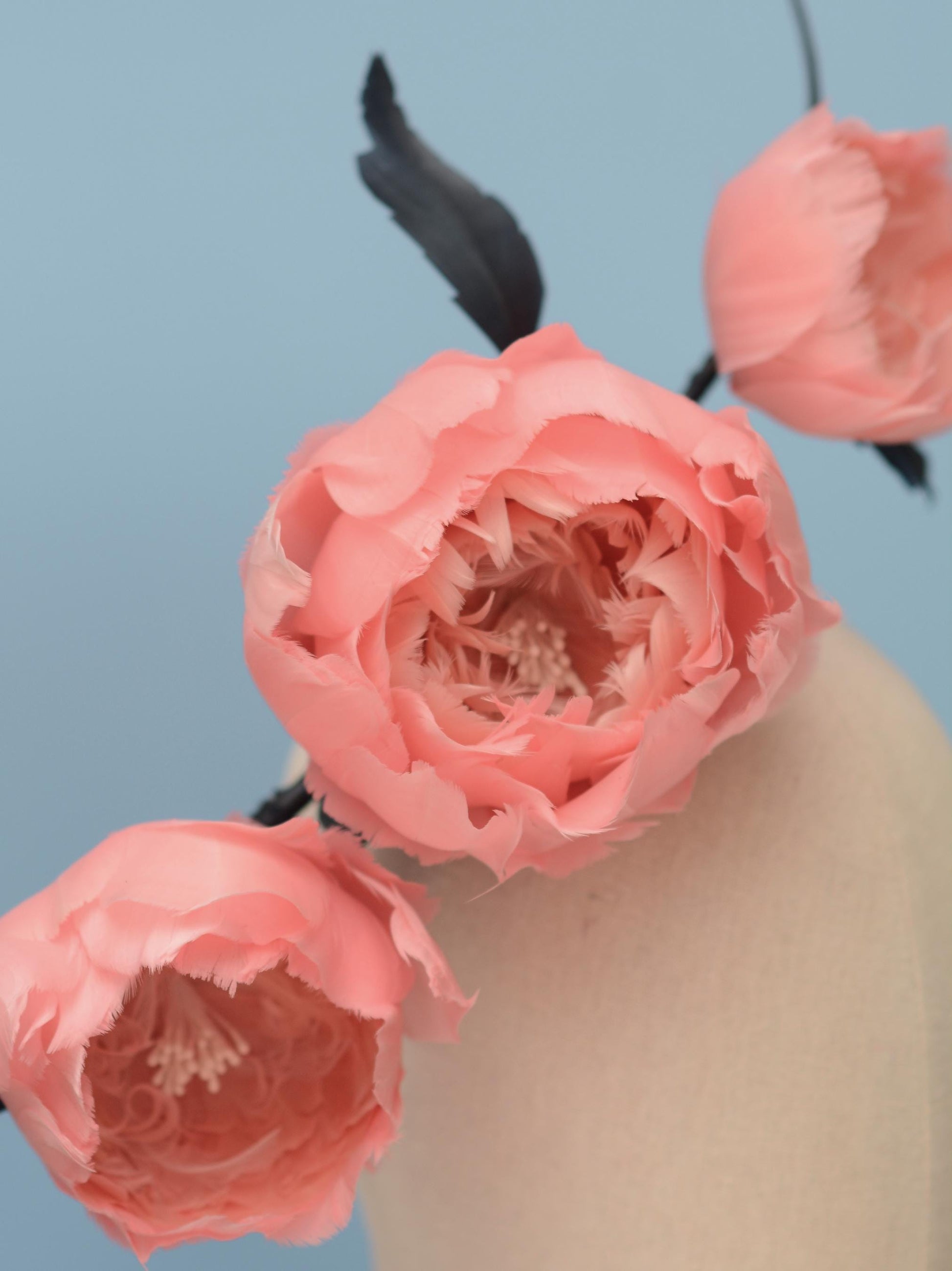 Soft Pink Peonies and Navy Blue Feather Flower Headpiece