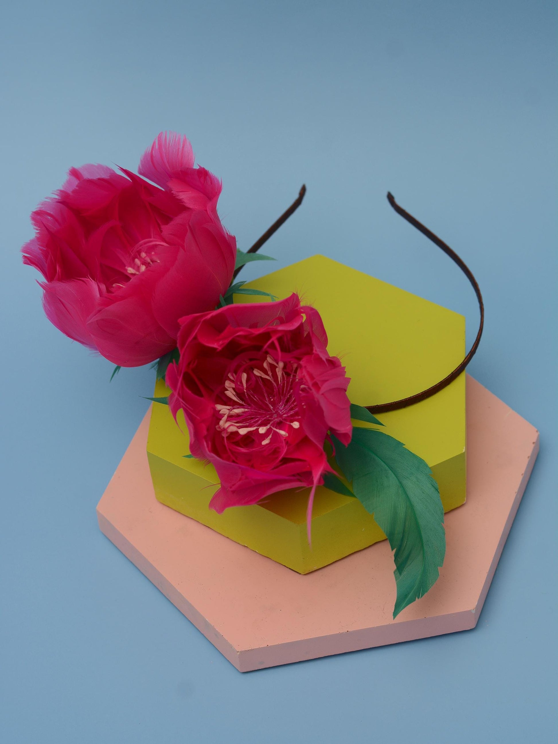 Fuchsia Pink Feather Flower Headband Fascinator Side Percher