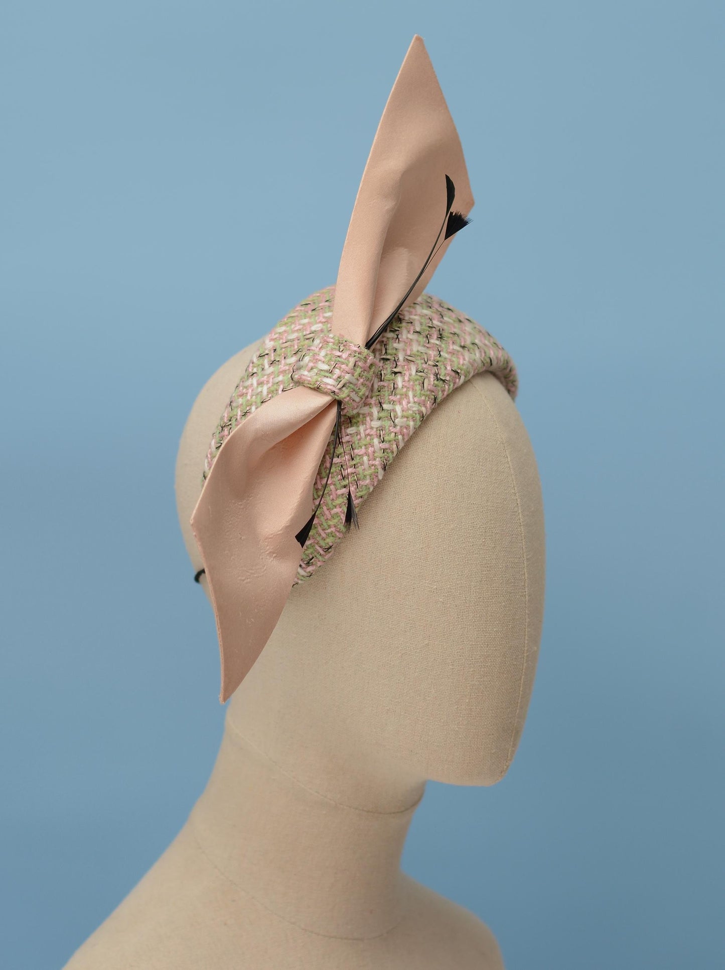 Tweed Pink and Mint Green Giant Bow Bandeau Fascinator | Feather Hat | Wedding Fascinator
