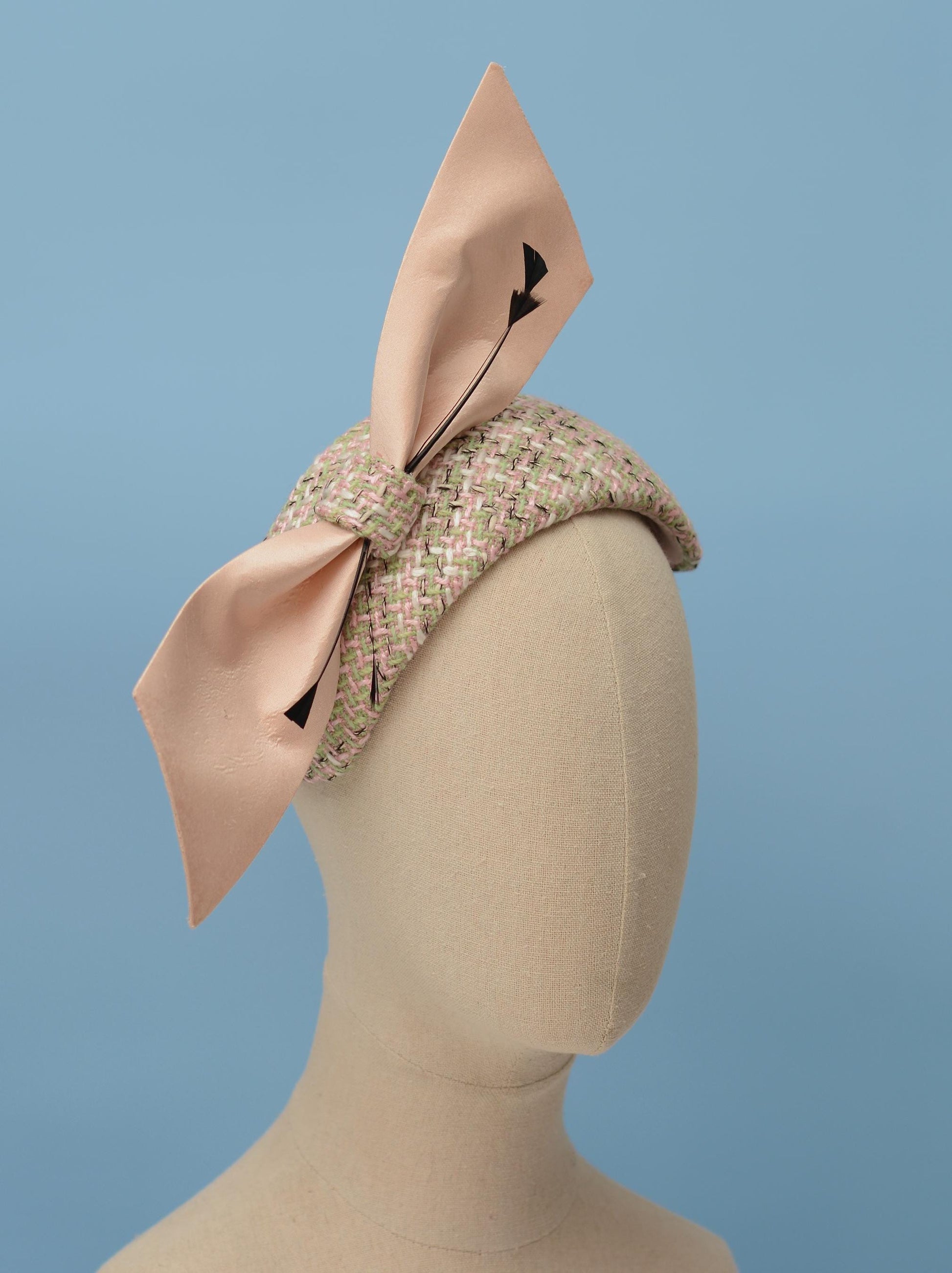 Tweed Pink and Mint Green Giant Bow Bandeau Fascinator | Feather Hat | Wedding Fascinator