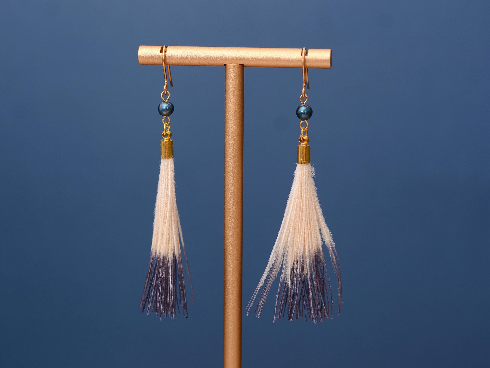 Feather Earrings in Blue and Ivory Ombre Dip Dye | Beach Earrings | Feather Jewellery | Summer Earrings | Bohemian | Long Earrings