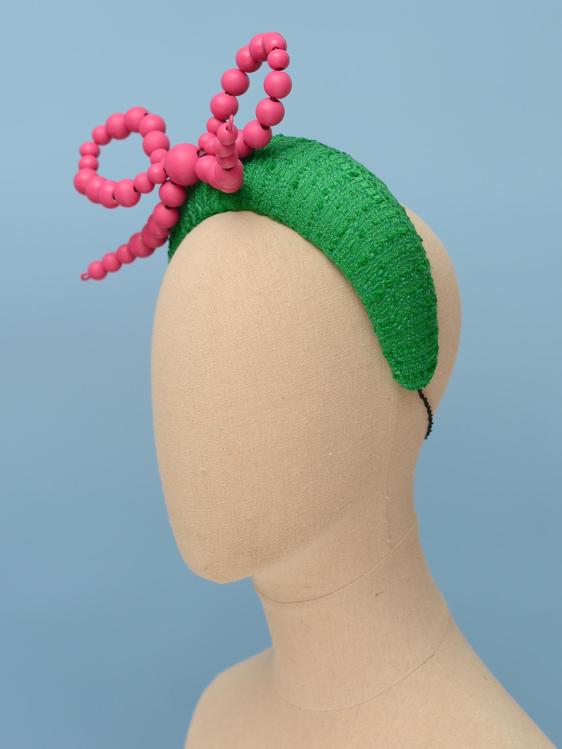 Pink and Green Giant Bead Bow Bandeau Headband Fascinator | Horse Racing Hat | Wedding Fascinator
