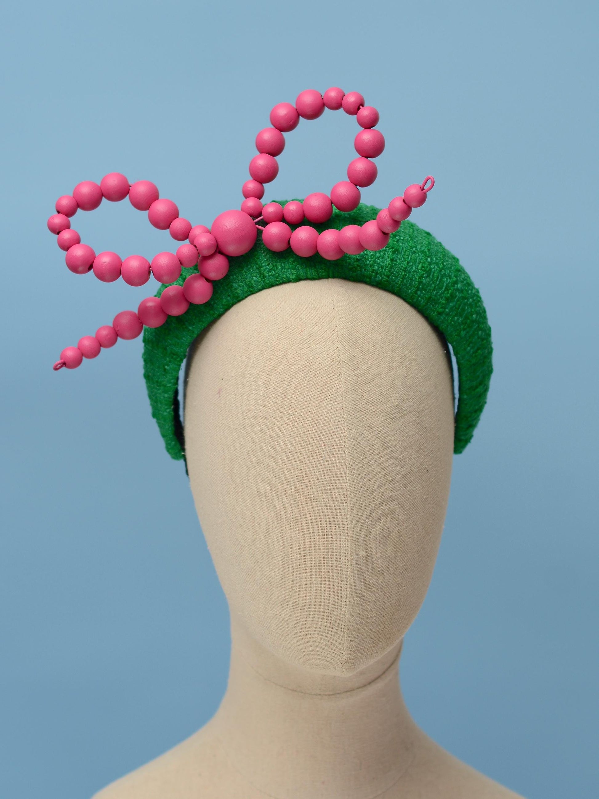 Pink and Green Giant Bead Bow Bandeau Headband Fascinator | Horse Racing Hat | Wedding Fascinator