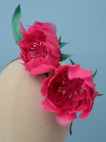 Fuchsia Pink Feather Flower Headband Fascinator Side Percher