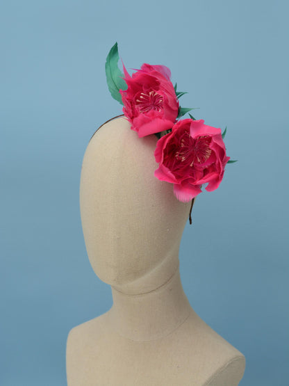 Fuchsia Pink Feather Flower Headband Fascinator Side Percher