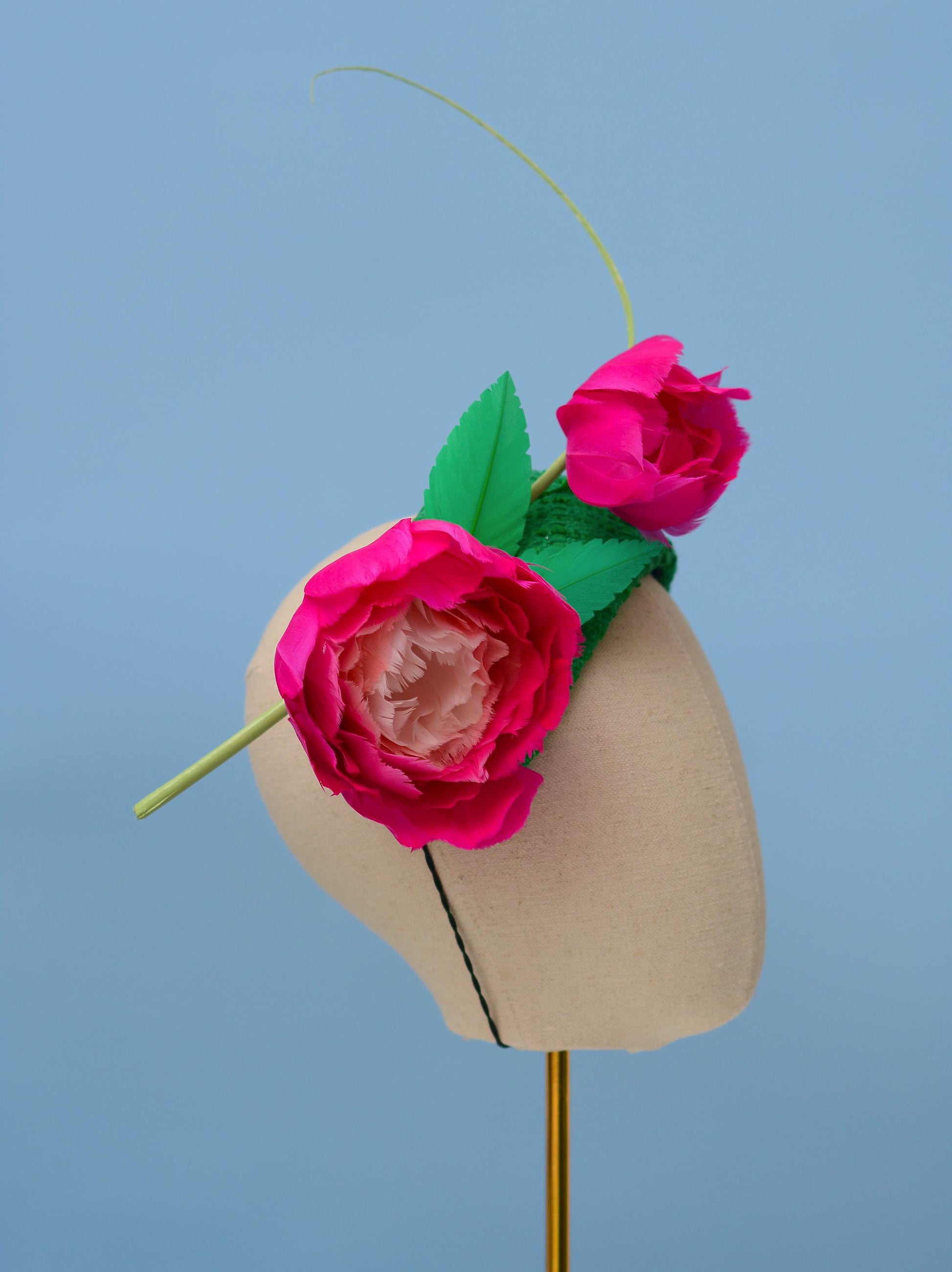 Pink and Green Giant Feather Rose Bandeau Headband Fascinator | Horse Racing Hat | Wedding Fascinator
