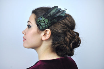 Feather Hair Clip in Glossy Green Black Natural Feathers | Black Feather Fascinator | Black Feather Headpiece | Wedding Fascinator