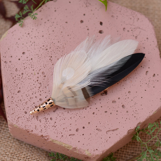 Peacock Feather Boutonniere in Monochrome Black and Ivory, Hat Pin, Lapel Brooch