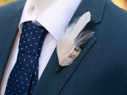 Peacock Feather Boutonniere in Monochrome Black and Ivory, Hat Pin, Lapel Brooch