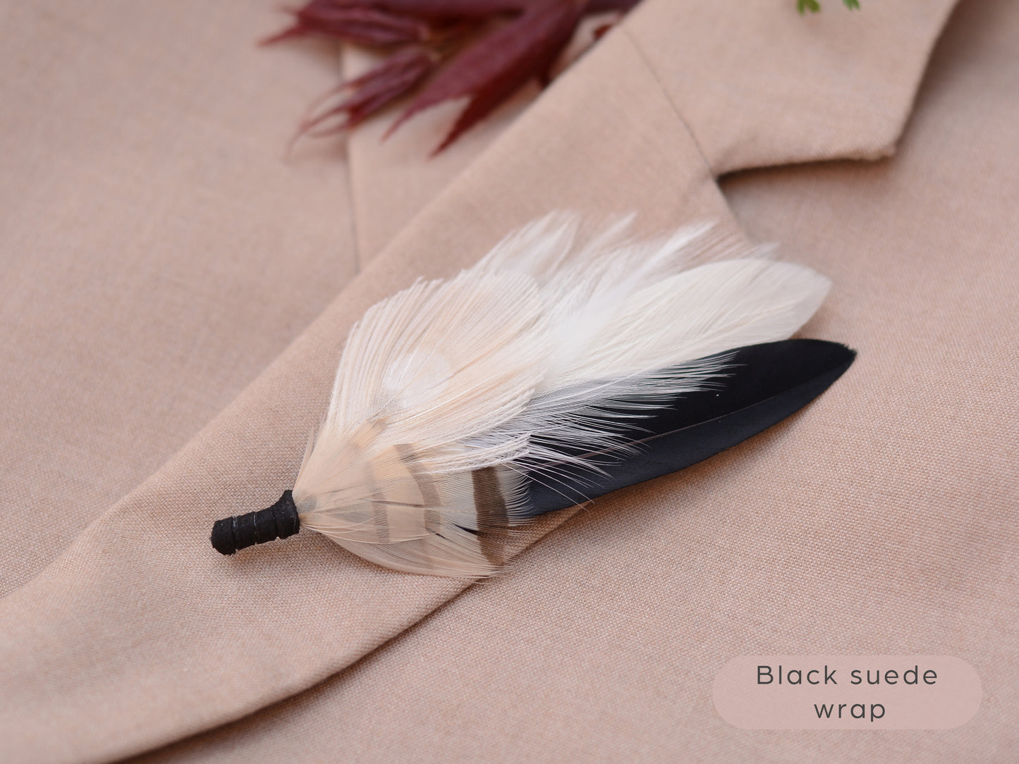 Peacock Feather Boutonniere in Monochrome Black and Ivory, Hat Pin, Lapel Brooch