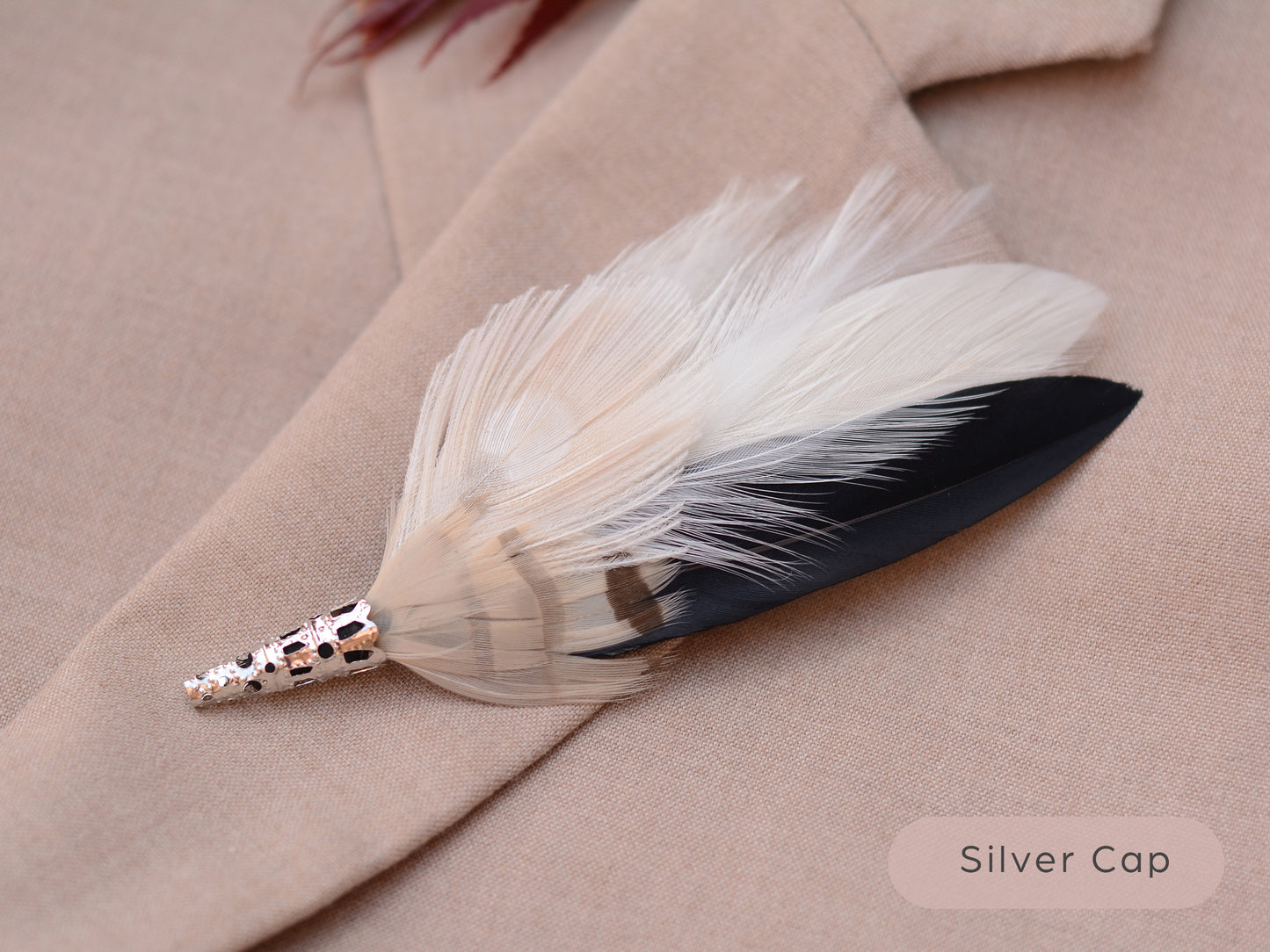 Peacock Feather Boutonniere in Monochrome Black and Ivory, Hat Pin, Lapel Brooch