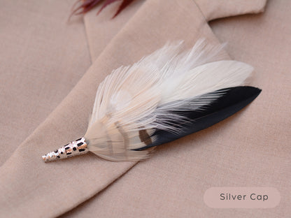Peacock Feather Boutonniere in Monochrome Black and Ivory, Hat Pin, Lapel Brooch