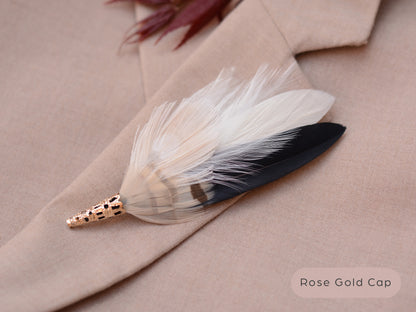 Peacock Feather Boutonniere in Monochrome Black and Ivory, Hat Pin, Lapel Brooch