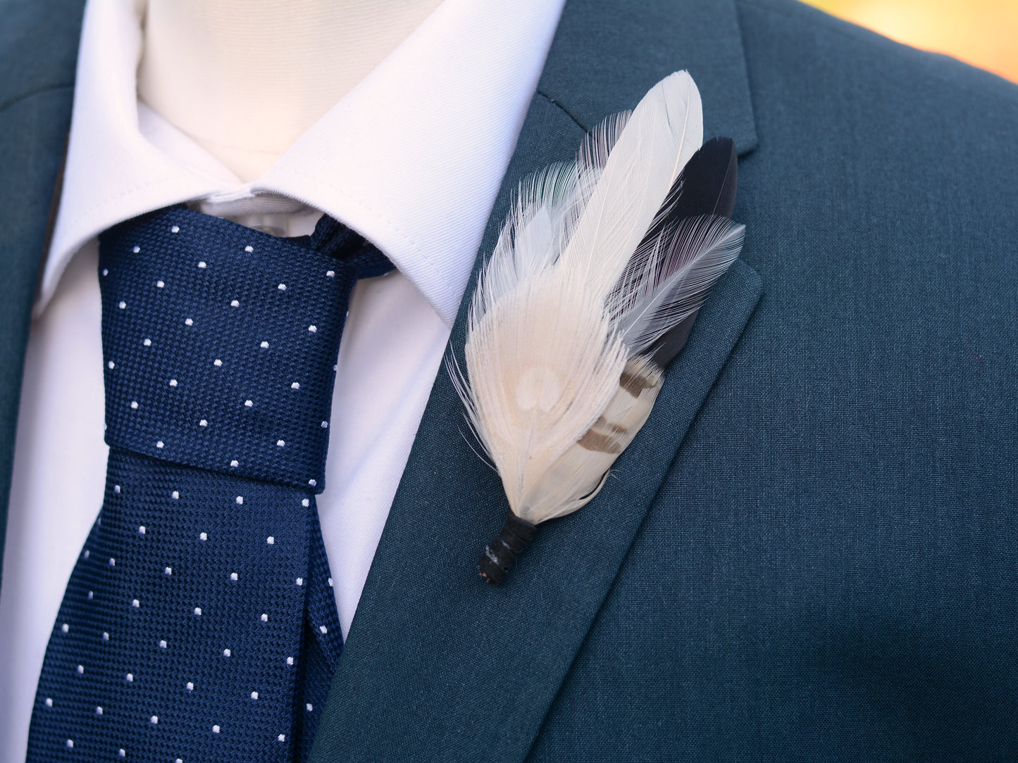 Peacock Feather Boutonniere in Monochrome Black and Ivory, Hat Pin, Lapel Brooch