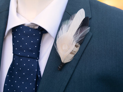 Peacock Feather Boutonniere in Monochrome Black and Ivory, Hat Pin, Lapel Brooch