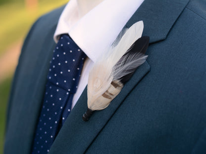 Peacock Feather Boutonniere in Monochrome Black and Ivory, Hat Pin, Lapel Brooch