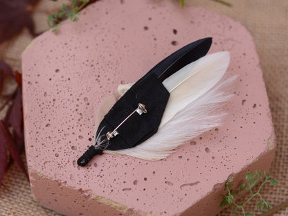 Peacock Feather Boutonniere in Monochrome Black and Ivory, Hat Pin, Lapel Brooch