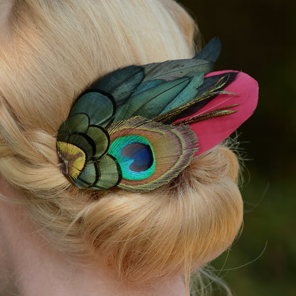 Large Burgundy and Peacock Feather Hair Clip Fascinator No.84