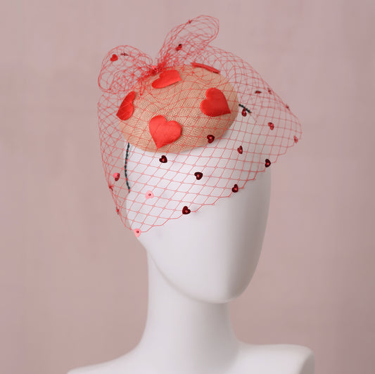 The Love Heart Button Hat with Sequin Veil in Blush Pink and Red