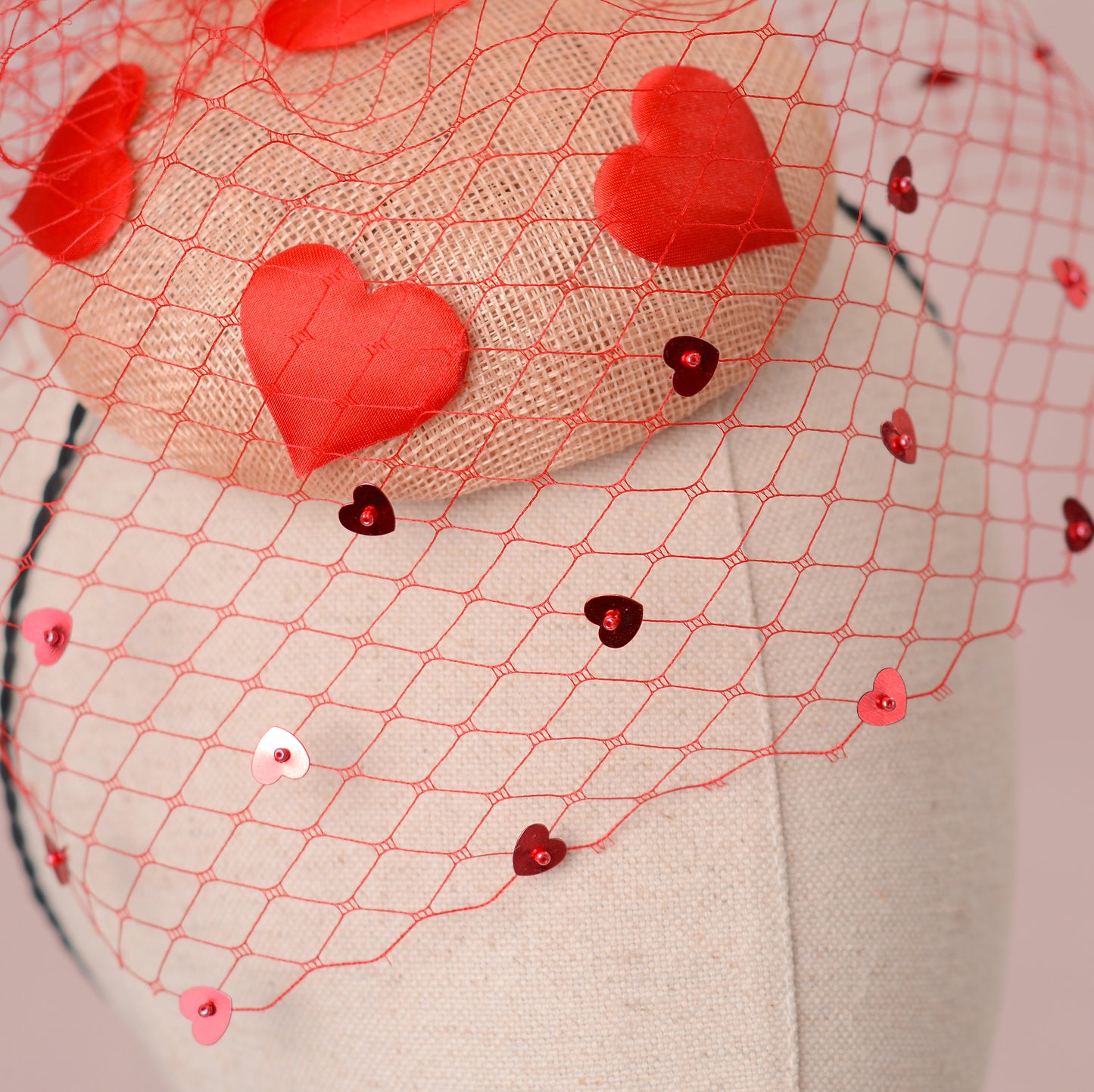 The Love Heart Button Hat with Sequin Veil in Blush Pink and Red