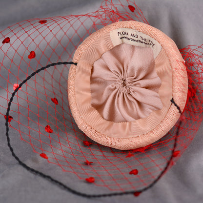The Love Heart Button Hat with Sequin Veil in Blush Pink and Red