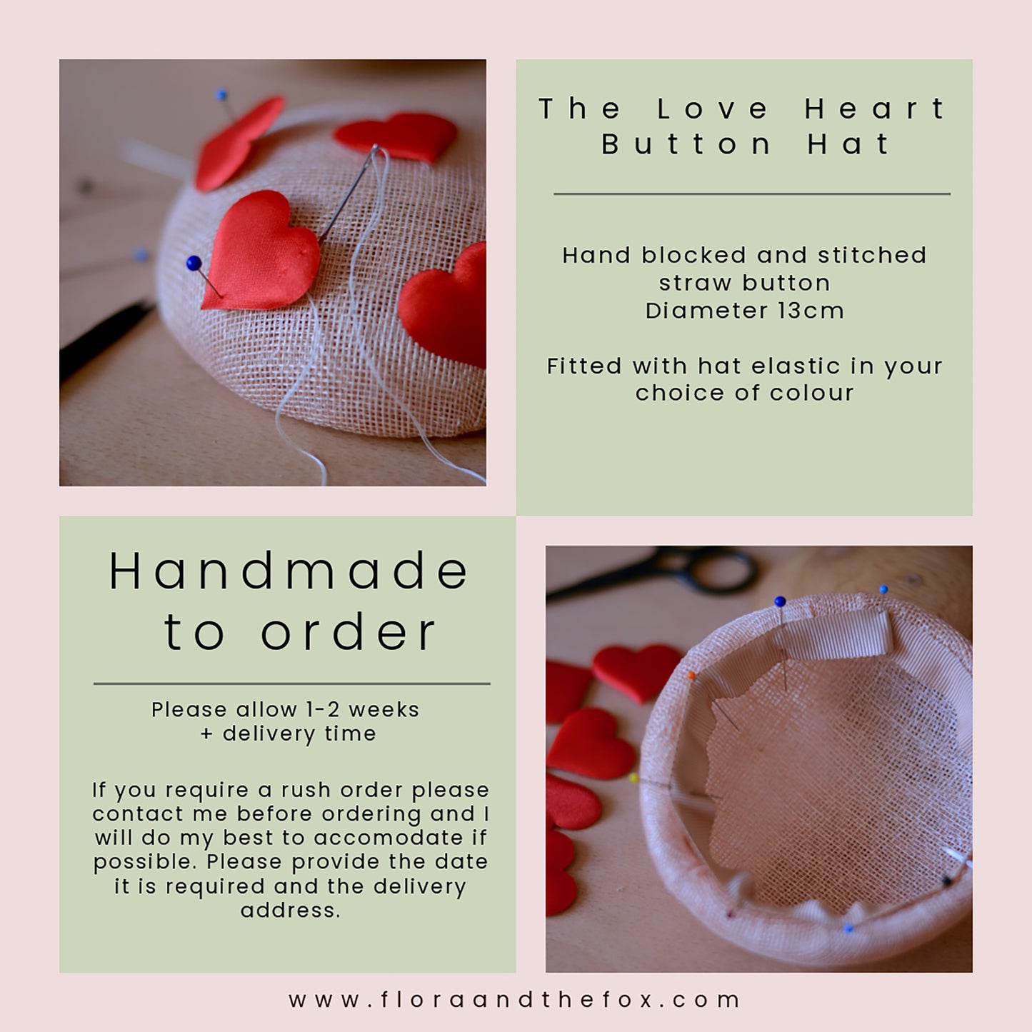 The Love Heart Button Hat with Sequin Veil in Blush Pink and Red