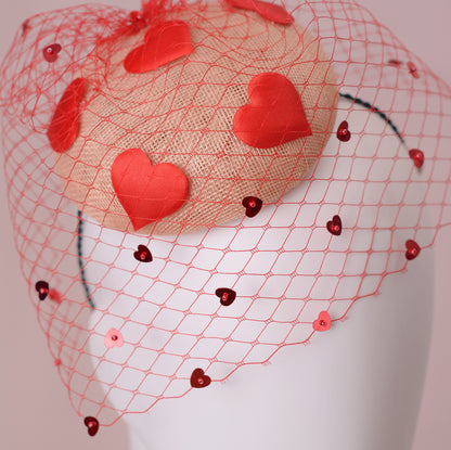 The Love Heart Button Hat with Sequin Veil in Blush Pink and Red