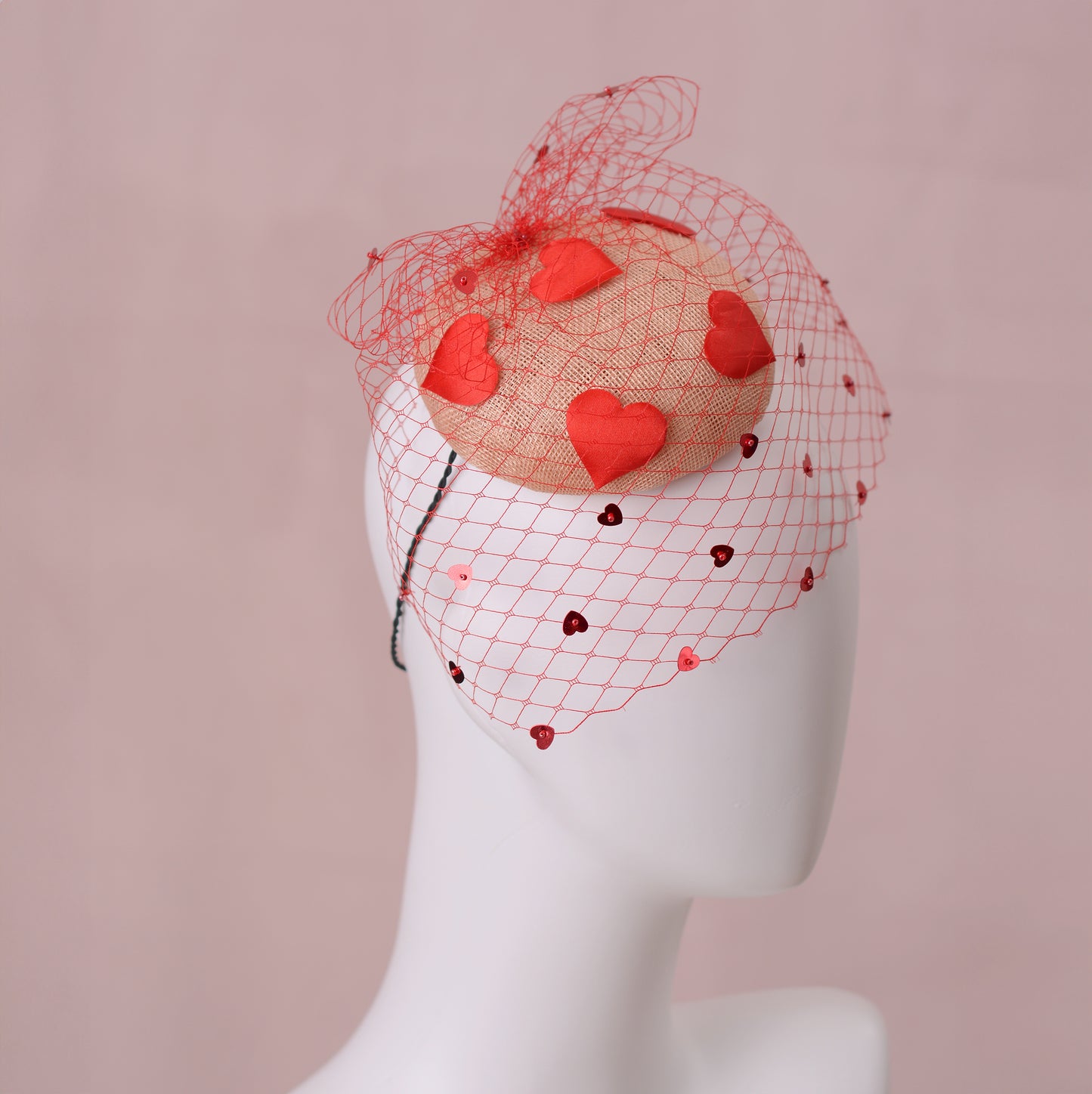 The Love Heart Button Hat with Sequin Veil in Blush Pink and Red