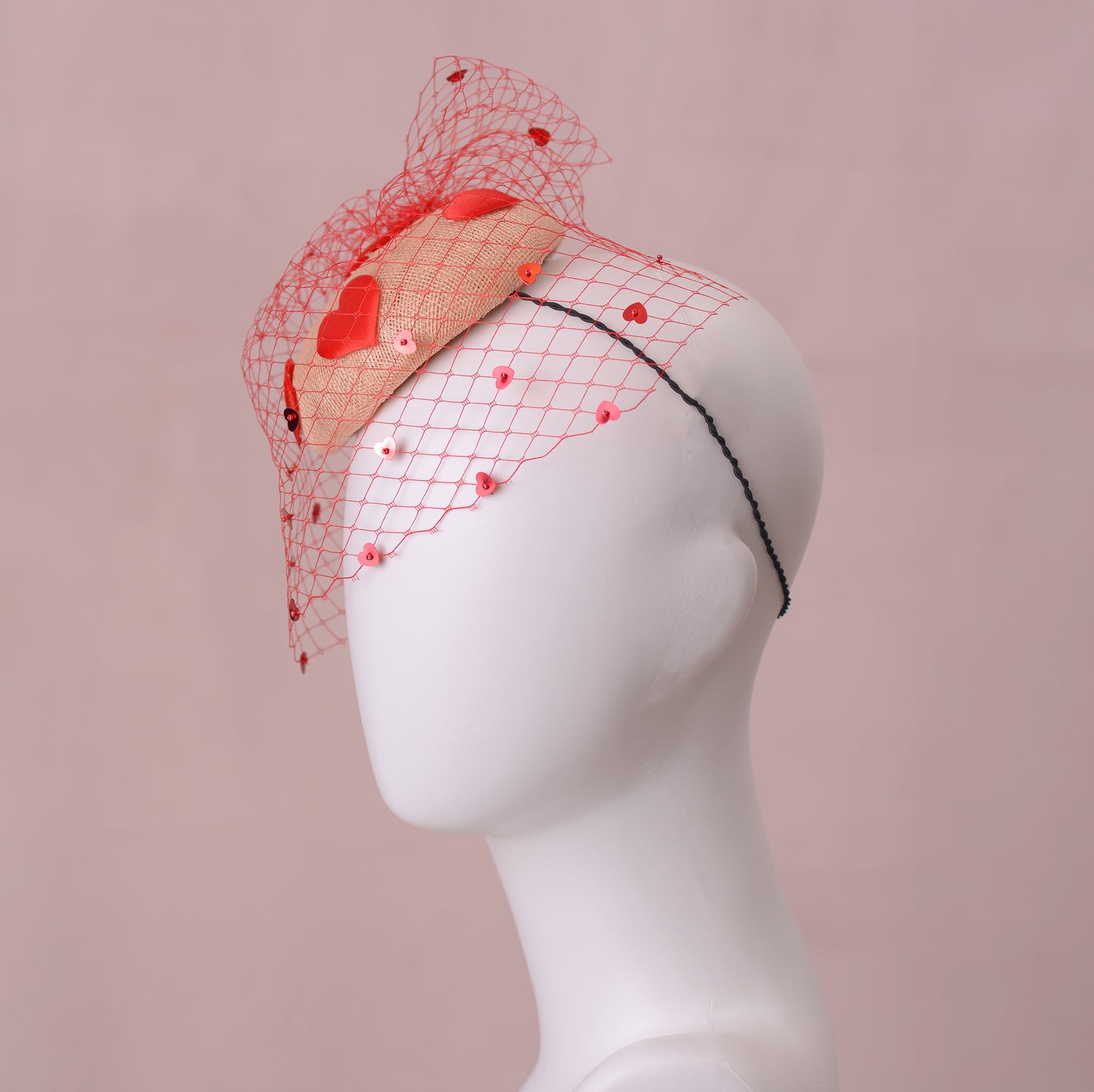 The Love Heart Button Hat with Sequin Veil in Blush Pink and Red