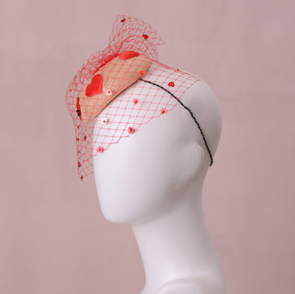 The Love Heart Button Hat with Sequin Veil in Blush Pink and Red