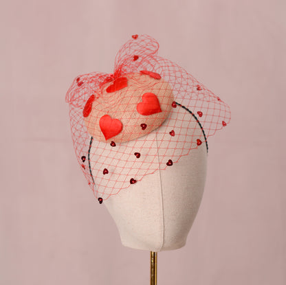 The Love Heart Button Hat with Sequin Veil in Blush Pink and Red