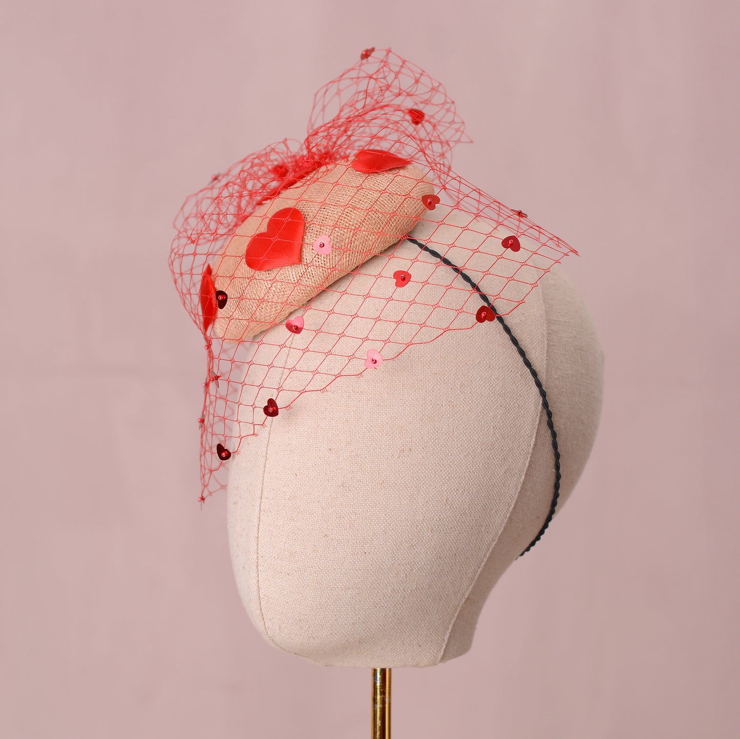 The Love Heart Button Hat with Sequin Veil in Blush Pink and Red