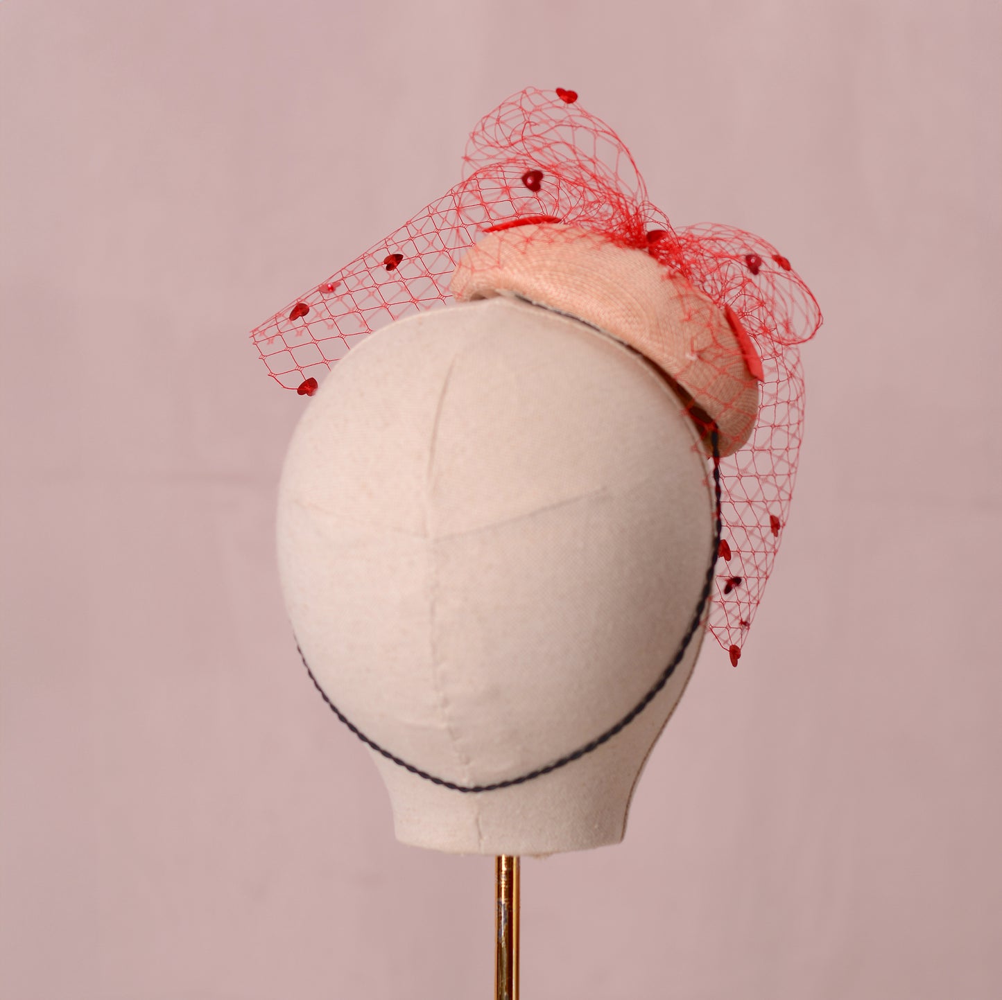 The Love Heart Button Hat with Sequin Veil in Blush Pink and Red
