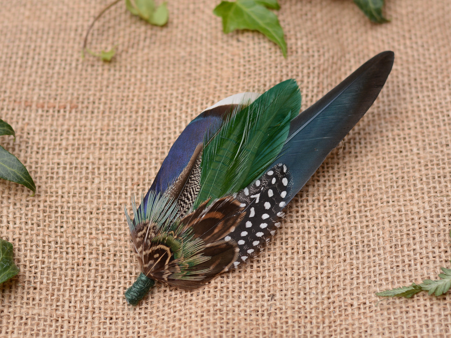 Large Navy and Green Pheasant and Duck Feather Lapel Pin / Hat Pin No.004