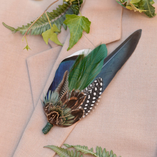 Large Navy and Green Pheasant and Duck Feather Lapel Pin / Hat Pin No.004