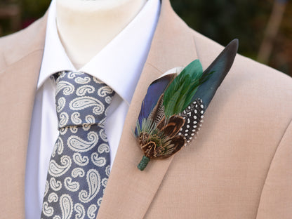 Large Navy and Green Pheasant and Duck Feather Lapel Pin / Hat Pin No.004