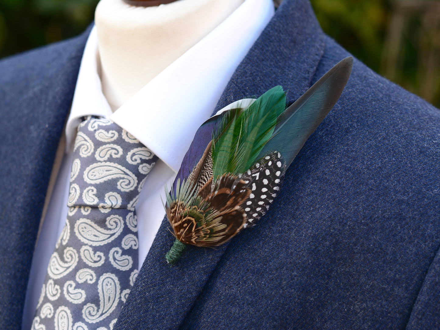 Large Navy and Green Pheasant and Duck Feather Lapel Pin / Hat Pin No.004
