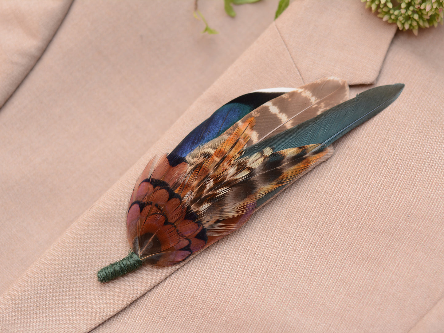 Pheasant & Duck Feather Lapel Brooch / Hat Pin in Bottle Green