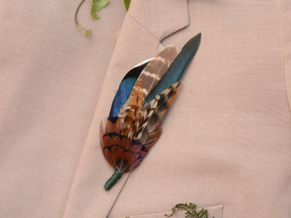 Pheasant & Duck Feather Lapel Brooch / Hat Pin in Bottle Green