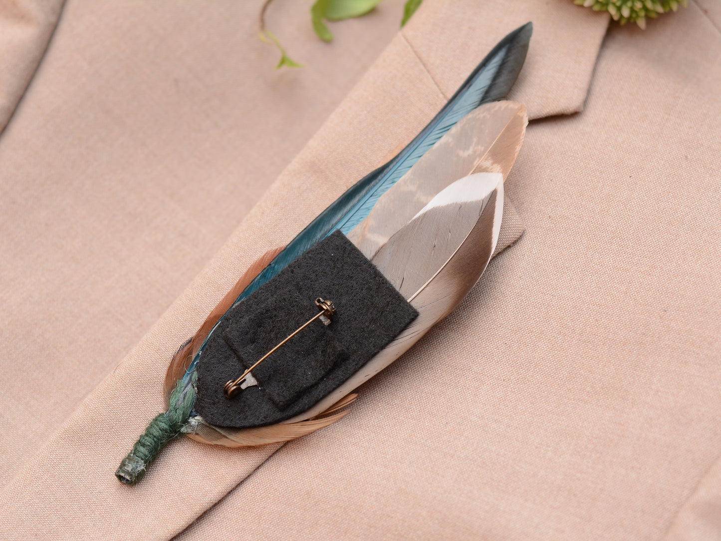 Pheasant & Duck Feather Lapel Brooch / Hat Pin in Bottle Green