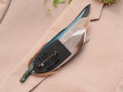 Pheasant & Duck Feather Lapel Brooch / Hat Pin in Bottle Green