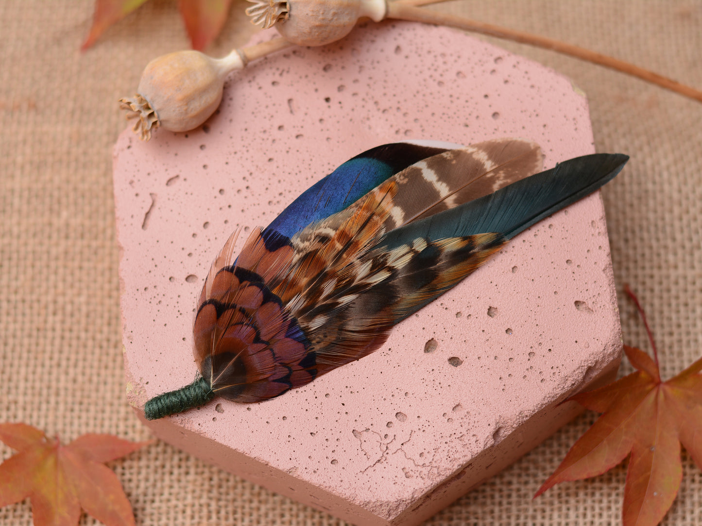 Pheasant & Duck Feather Lapel Brooch / Hat Pin in Bottle Green