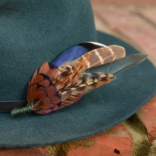 Pheasant & Duck Feather Lapel Brooch / Hat Pin in Bottle Green