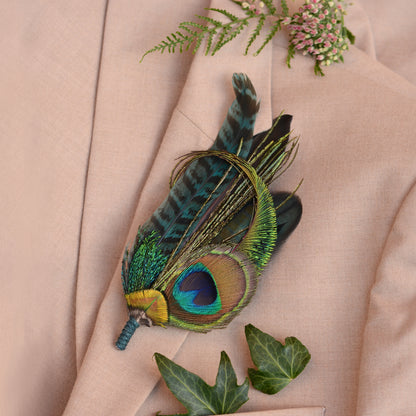 Large Teal Peacock Feather Lapel Pin No.007