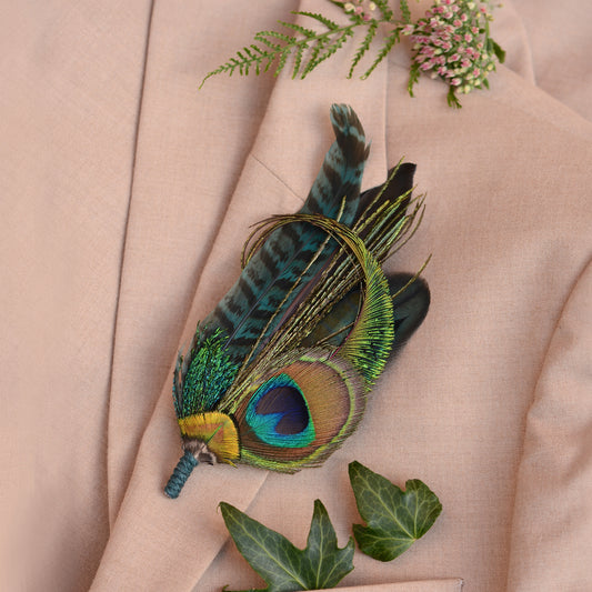 Large Teal Peacock Feather Lapel Pin No.007