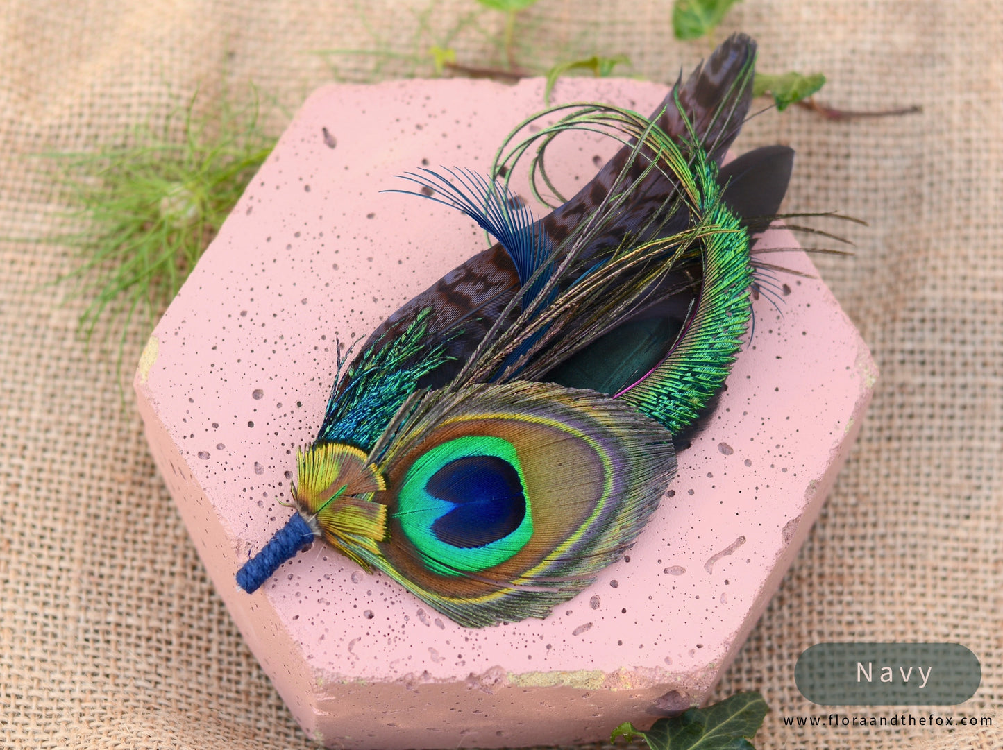 Large Peacock Feather Grooms Boutonniere / Hat Pin No.007 in Teal or Navy Blue