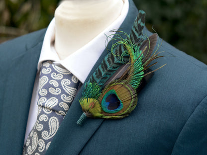 Large Teal Peacock Feather Lapel Pin No.007